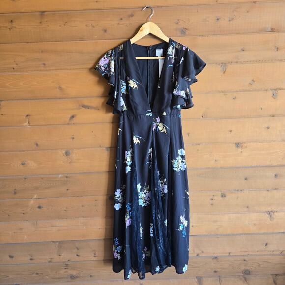 ASOS Dresses & Skirts - ASOS Floral Dress Black Ruffle Lace Vneck Flutter Midi NWT 6 Boho Swing Pinup